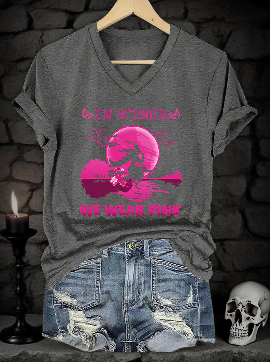 Women's Pink Art Print V-Neck Short-Sleeved T-Shirt