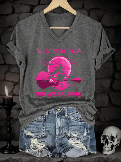 Women's Pink Art Print V-Neck Short-Sleeved T-Shirt