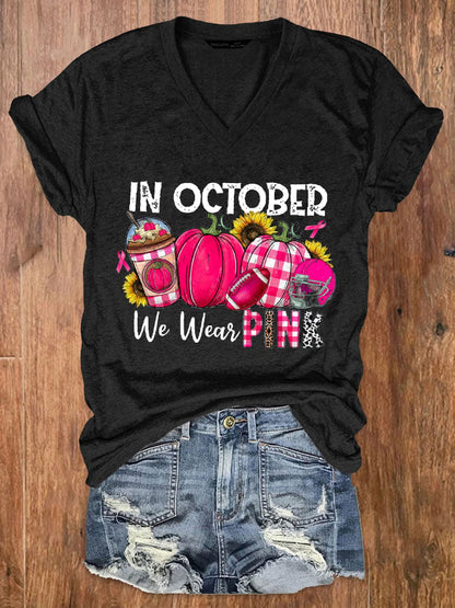 Women's In October We Wear Pink Breast Cancer Awareness Casual T-Shirt