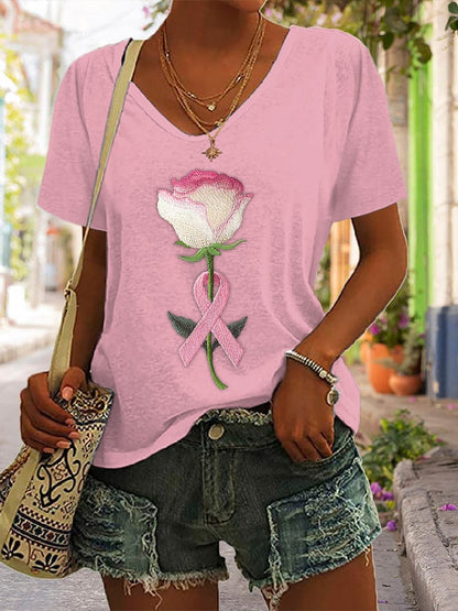 Women's Pink Embroidered Floral Print V-Neck T-Shirt