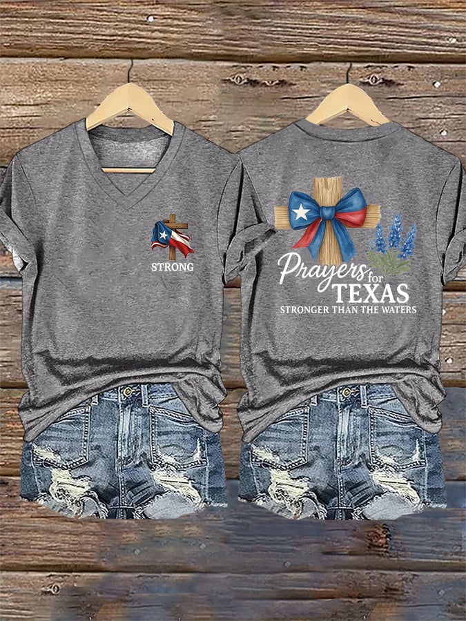 🙏💔Join us in praying for Texas.🙏V-Neck Retro Texas Strong Prayers For Texas Stronger Than The Waters Faith Cross Print T-Shirt