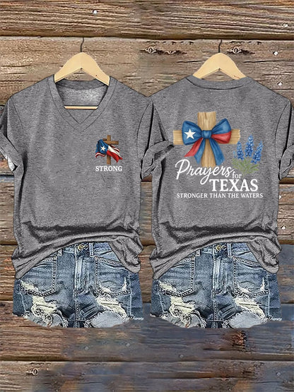 🙏💔Join us in praying for Texas.🙏V-Neck Retro Texas Strong Prayers For Texas Stronger Than The Waters Faith Cross Print T-Shirt