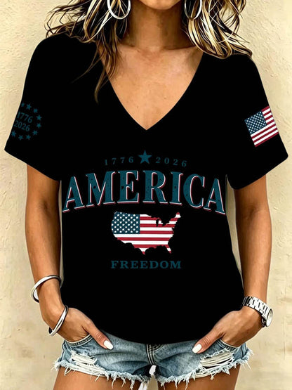 Women'S Retro Independence Day Printed Casual Short Sleeved T-Shirt