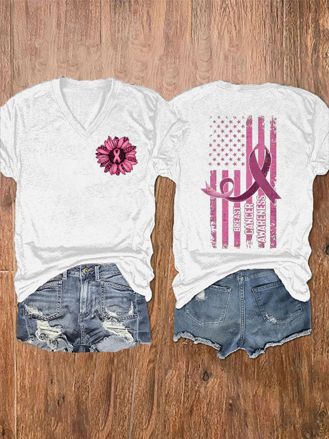 Women's Sunflower Pink Ribbon Flag Breast Cancer Awareness Print V-Neck T-Shirt