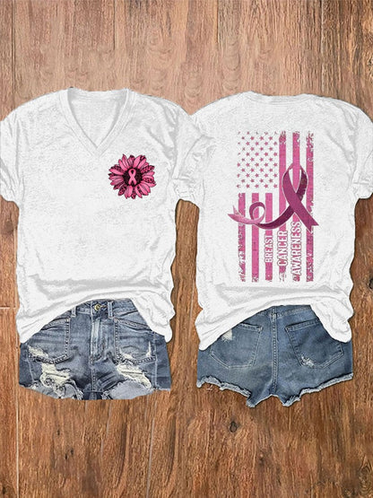 Women's Sunflower Pink Ribbon Flag Breast Cancer Awareness Print V-Neck T-Shirt