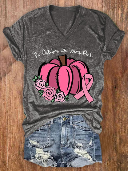Women's Casual In October We Wear Pink Printed Short Sleeve T-Shirt