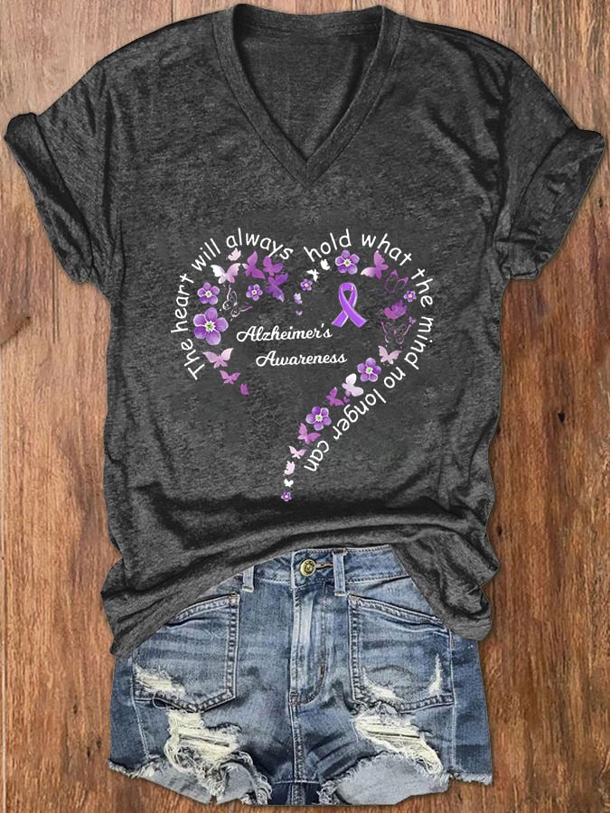 Women The Heart Will Always Hold What the Mind Can No Longer Printed V-Neck T-Shirt