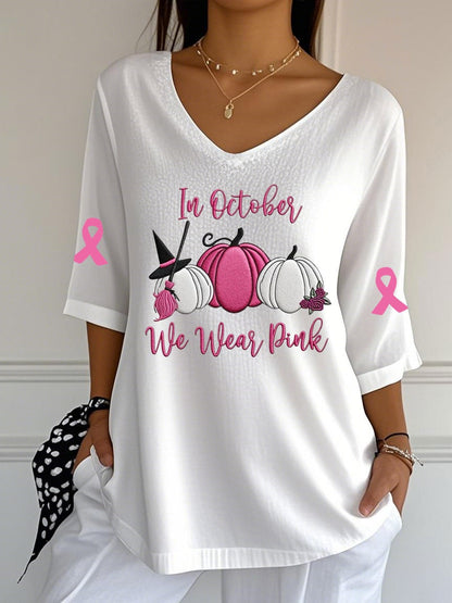 Women's Breast Cancer In October We Wear Pink Print Casual T-Shirt