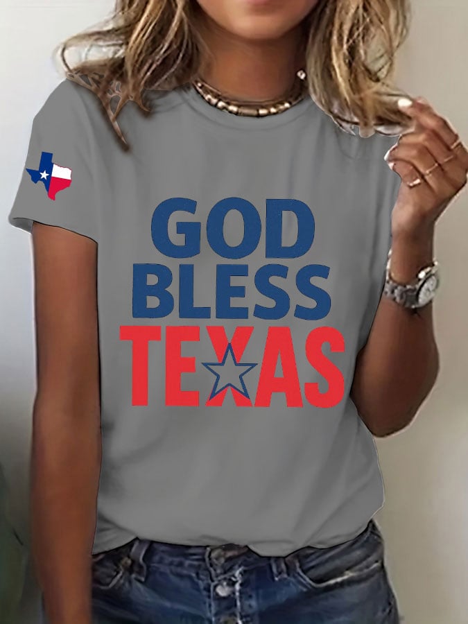 Women's Texas Flood God Bless Texas Print Casual T-Shirt