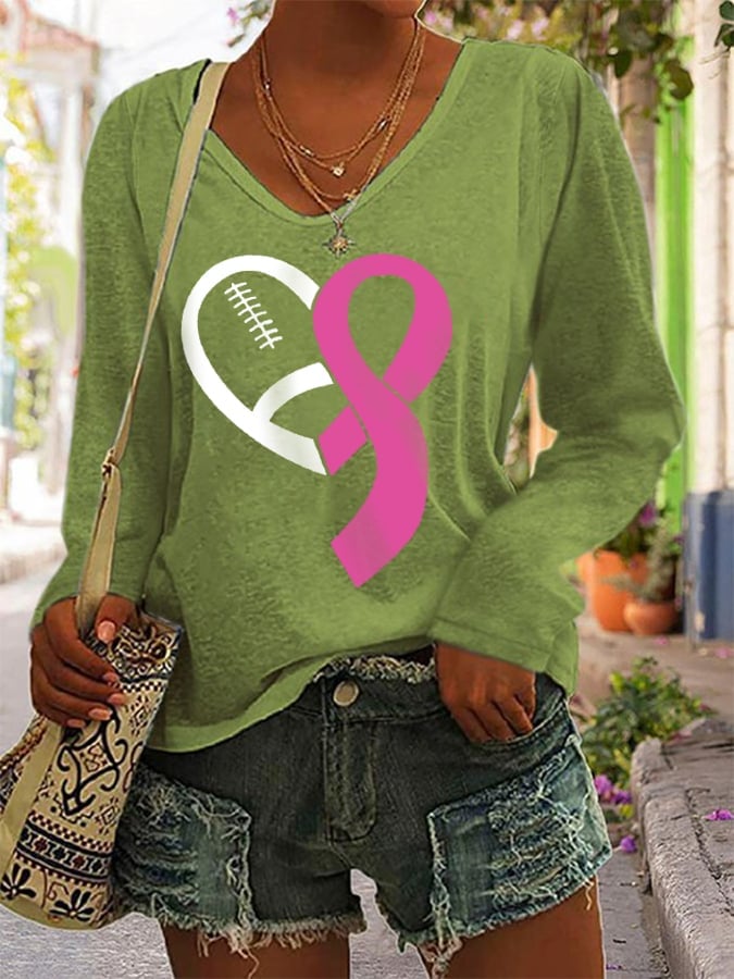 Women's Football Pink Ribbon Breast Cancer Awareness Casual Long-Sleeve T-Shirt