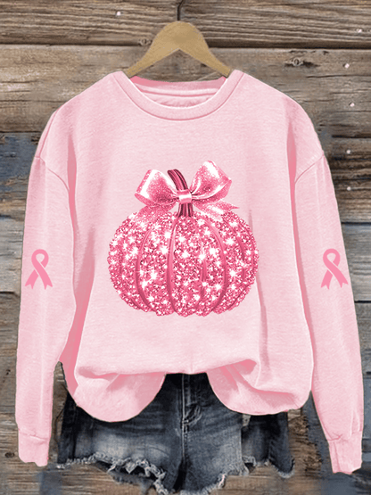 Women's Breast Cancer Sequin Pumpkin Print Crew Neck Sweatshirt