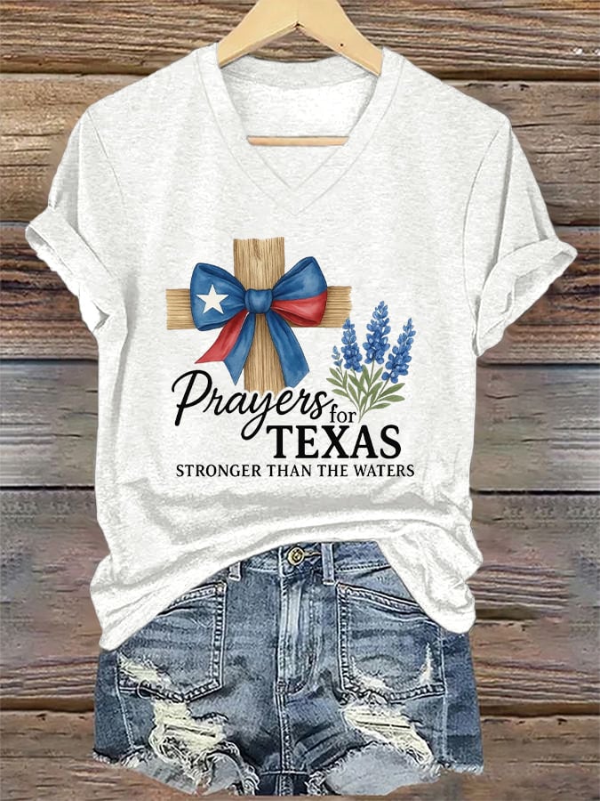 🙏💔Join us in praying for Texas.🙏V-Neck Retro Texas Strong Prayers For Texas Stronger Than The Waters Print T-Shirt