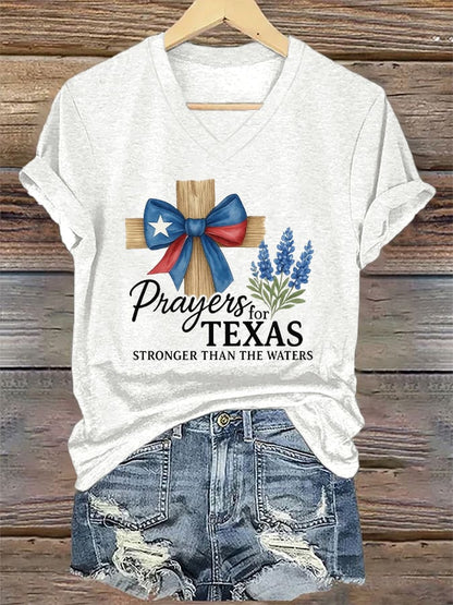 🙏💔Join us in praying for Texas.🙏V-Neck Retro Texas Strong Prayers For Texas Stronger Than The Waters Print T-Shirt