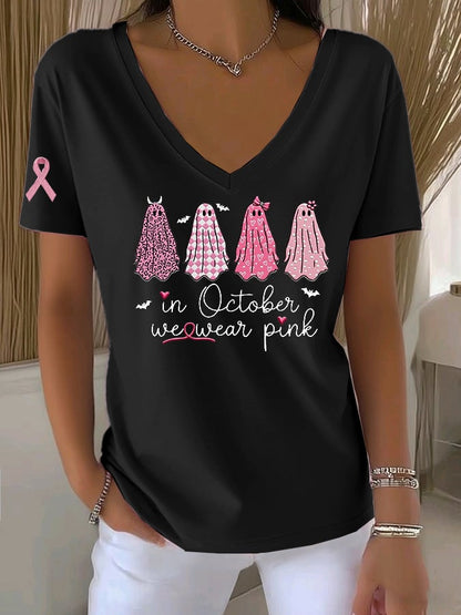 Women's Casual All-Match Solid Color Pink Ghost Ribbon V-Neck T-Shirt