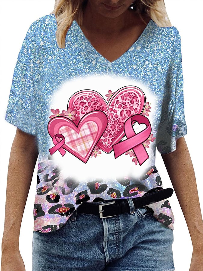 Women's Breast Cancer Casual V-Neck Short Sleeve T-Shirt