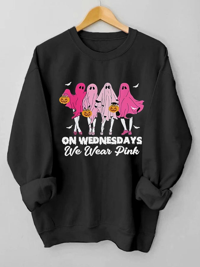 Women's Halloween Breast Cancer On Wednesday We Wear Pink Cute Ghost Print Sweatshirt