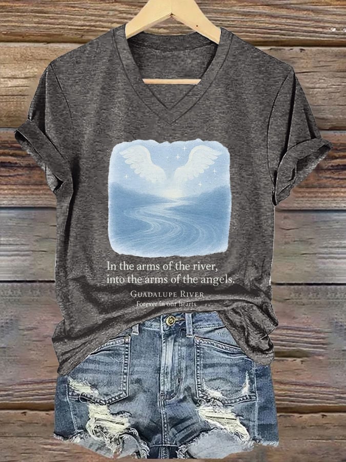 🙏💔Join us in praying for Texas.🙏V-Neck Retro Texas Strong In The Arms Of The River, Into The Arms Of The Angels. Guadalupe River Forever In Our Hearts Print T-Shirt
