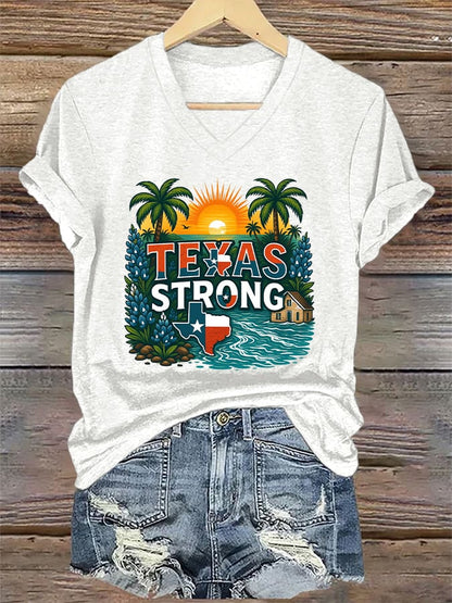 🙏💔Join us in praying for Texas.🙏V-Neck Retro Texas Strong Palm Trees Print T-Shirt