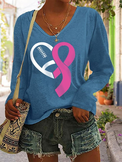 Women's Football Pink Ribbon Breast Cancer Awareness Casual Long-Sleeve T-Shirt