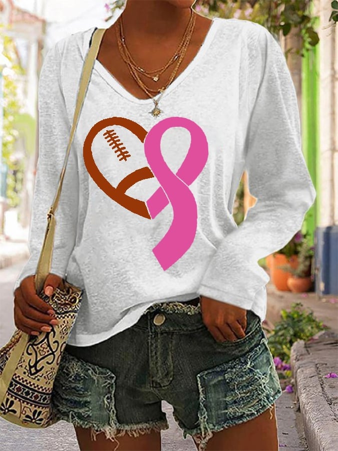 Women's Football Pink Ribbon Breast Cancer Awareness Casual Long-Sleeve T-Shirt
