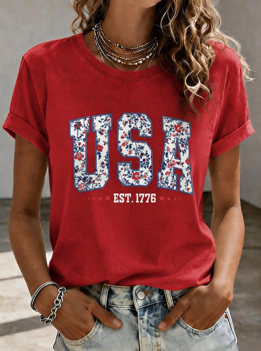 Women'S American Independence Day 250Th Anniversary Printed Short Sleeved T-Shirt