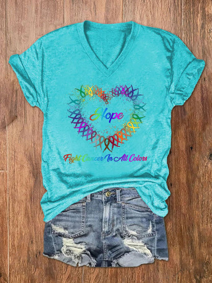 Women's Hope Fight Cancer In All Colors Cancer Awareness Ribbon Print V-Neck T-Shirt