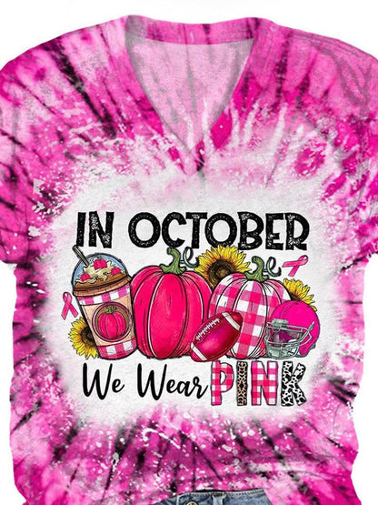 V-Neck Breast Cancer Awareness Tie Dye In October We Wear Pink Football Print T-Shirt