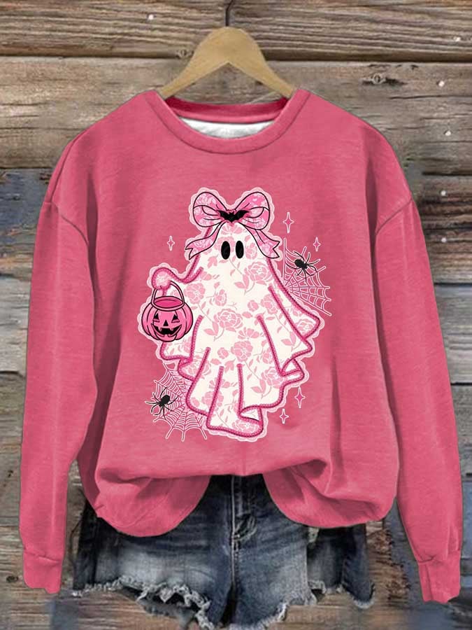 Women's Halloween Pink Ghost Print Casual Sweatshirt