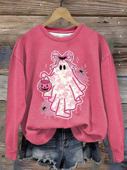 Women's Halloween Pink Ghost Print Casual Sweatshirt