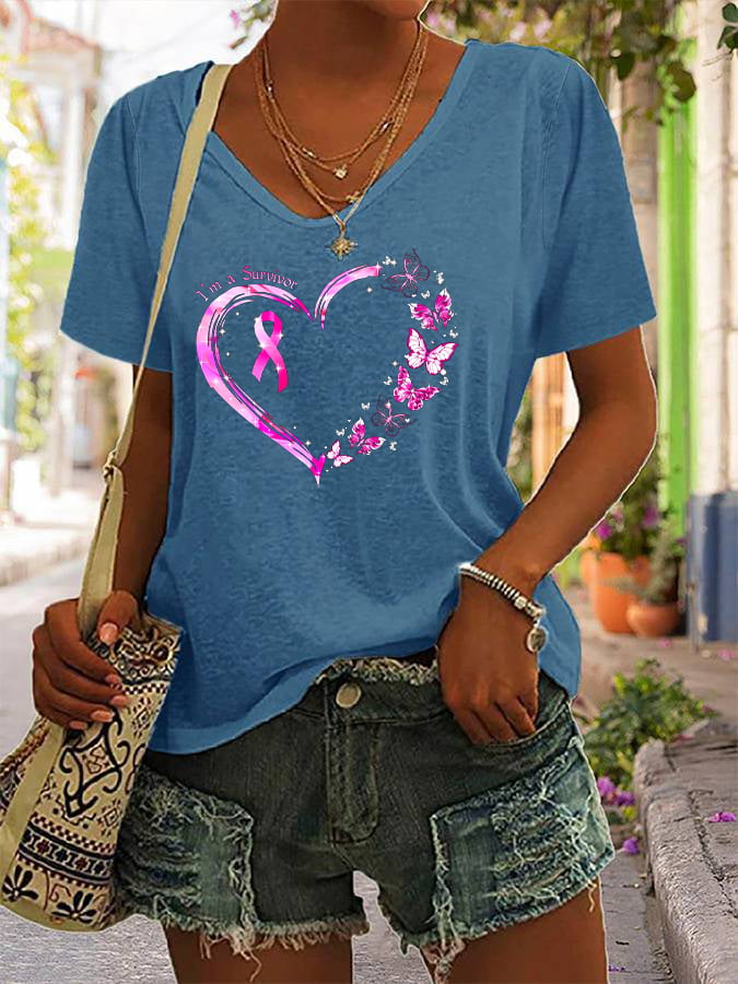Women's Breast Cancer Awareness Survivor Printed V-Neck Tee