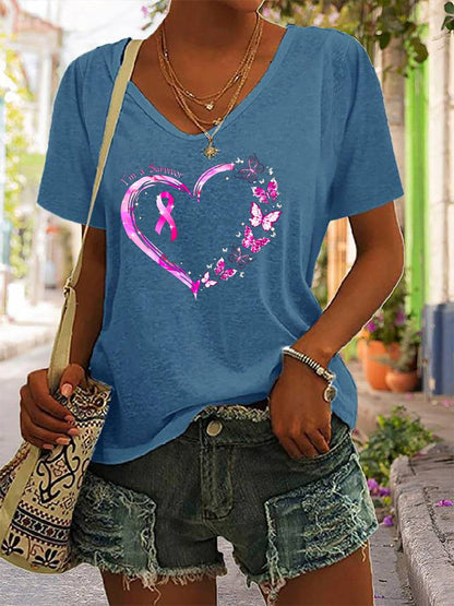 Women's Breast Cancer Awareness Survivor Printed V-Neck Tee