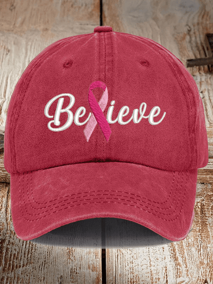 Breast Cancer Believe Ribbon Print Hat