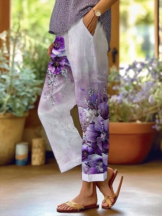 Women's Alzheimer's Purple Floral Print Casual Pants