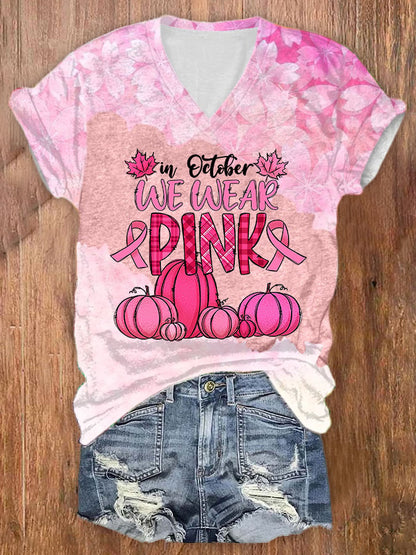 Women's Casual In October We Wear Pink Printed Short Sleeve T-Shirt