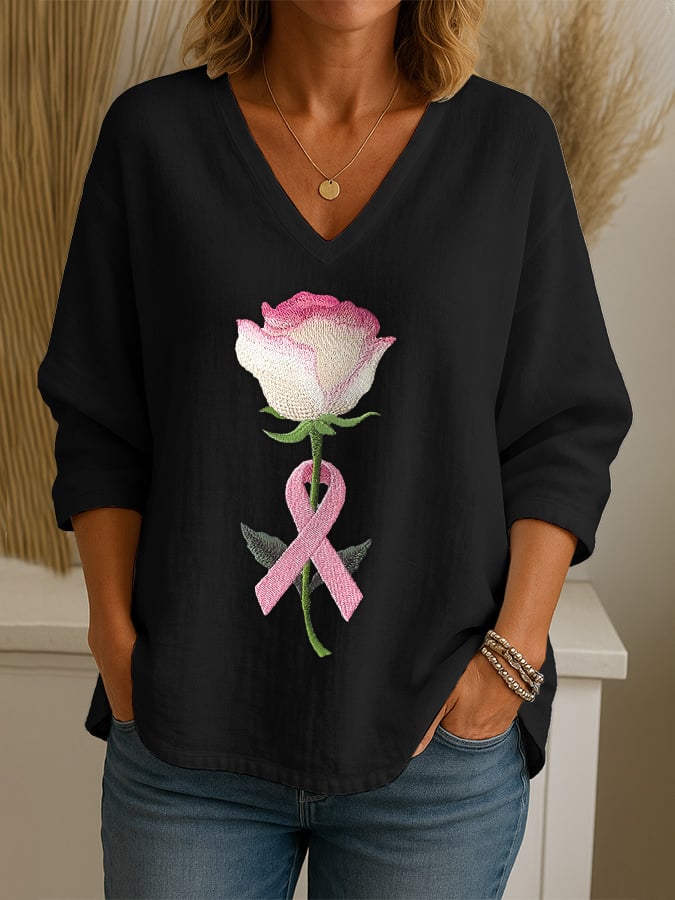 Women's Breast Cancer Embroidered Floral Print Loose Casual Top