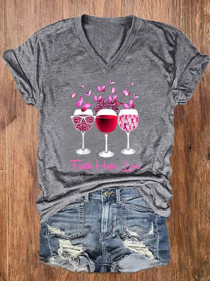 Women's Faith Hope Love Wine Glass Butterfly Breast Cancer Awareness T-Shirt