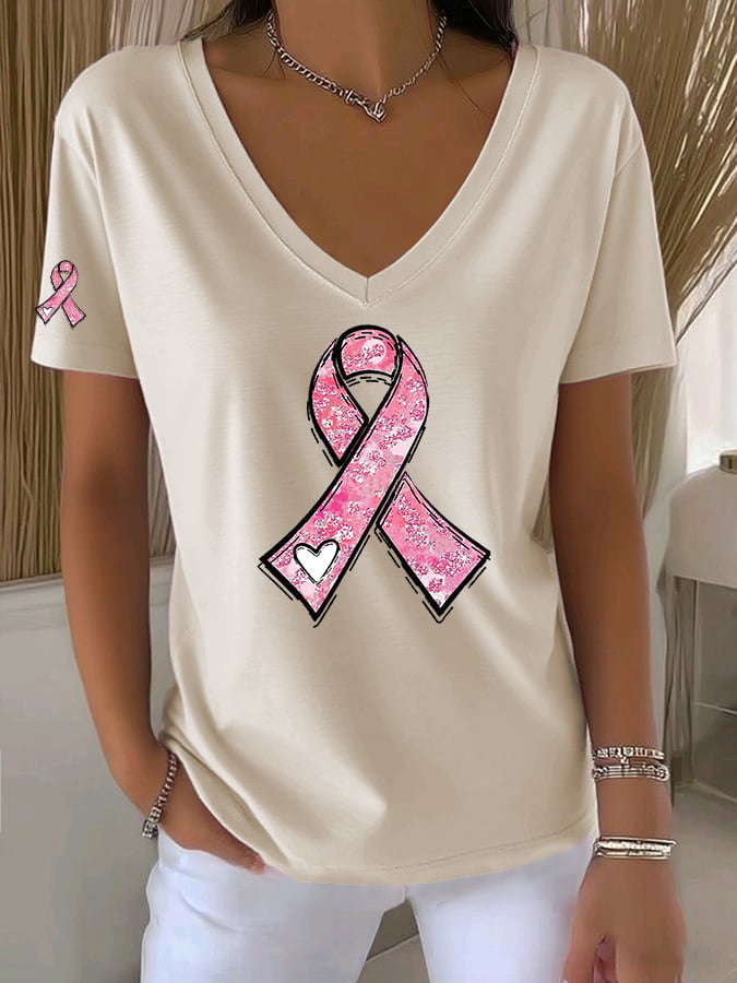 Women's Casual All-Match Solid Color Pink Ribbon V-Neck T-Shirt
