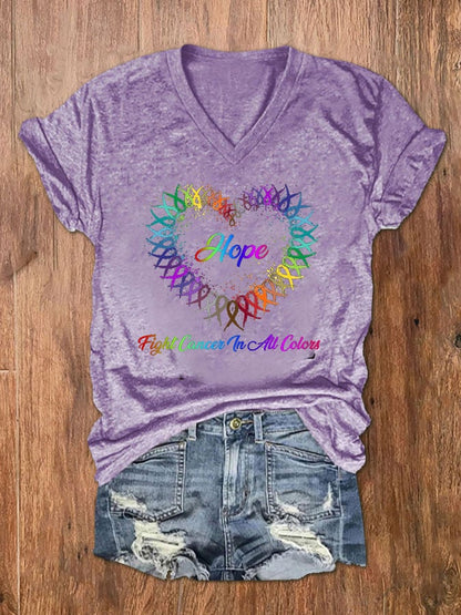 Women's Hope Fight Cancer In All Colors Cancer Awareness Ribbon Print V-Neck T-Shirt