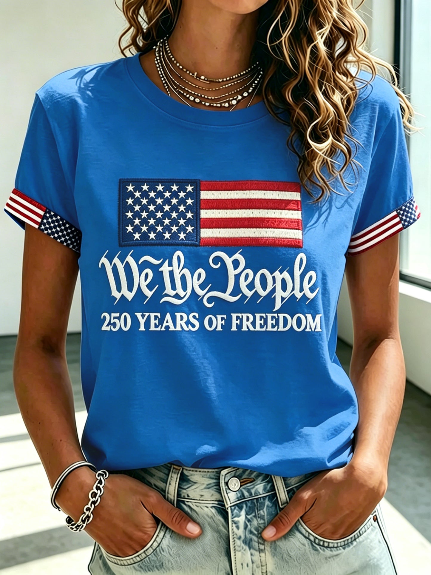 Women'S Casual 250 Commemorative Printed Embroidered Round Neck Short Sleeved T-Shirt