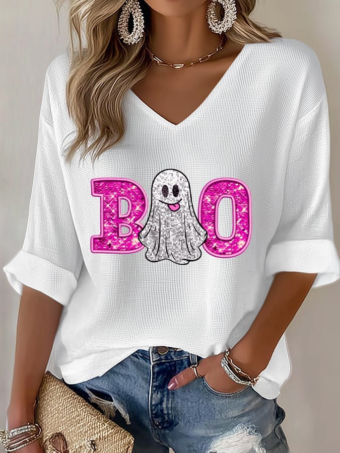 Women's Pink Faux Glitter Boo Print Waffle T-Shirt