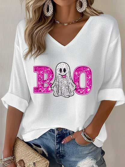 Women's Pink Faux Glitter Boo Print Waffle T-Shirt