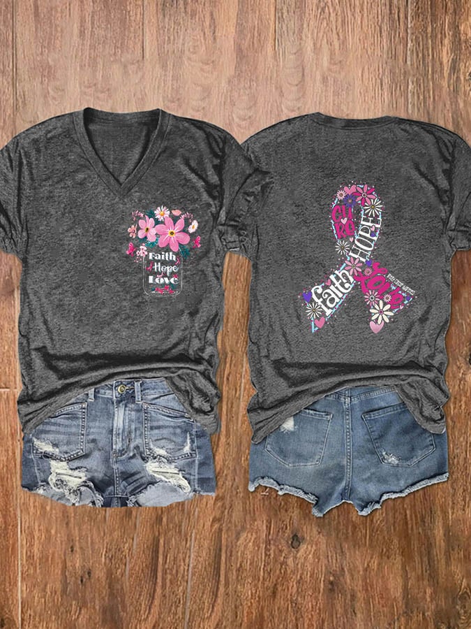 Women's Faith Hope Love Breast Cancer Awareness Print V-Neck T-Shirt