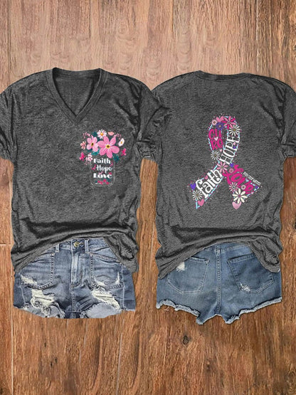 Women's Faith Hope Love Breast Cancer Awareness Print V-Neck T-Shirt