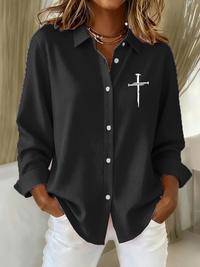 Women's Vintage Faith Cross Print Casual Shirt