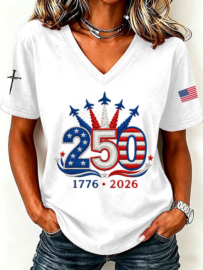 Women'S America Flag Floral Print Casual V-Neck T-Shirt
