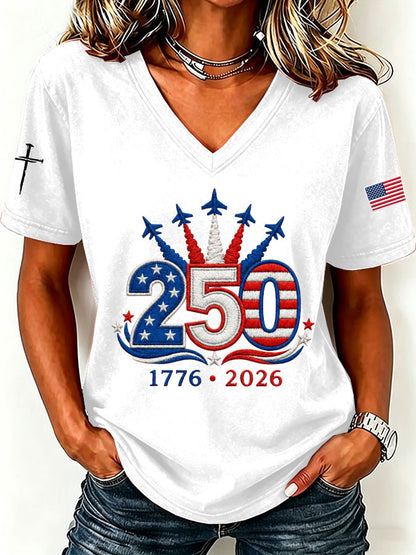 Women'S America Flag Floral Print Casual V-Neck T-Shirt