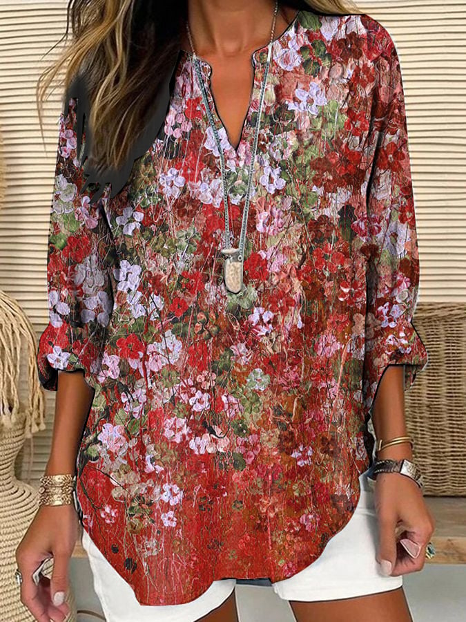 Women's Casual Retro Purple Art Cotton And Linen Shirt