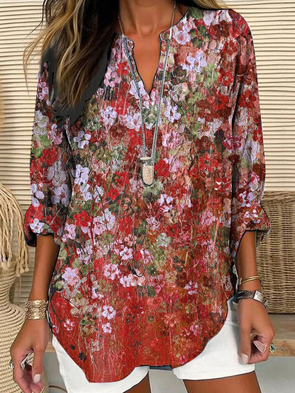 Women's Casual Retro Purple Art Cotton And Linen Shirt