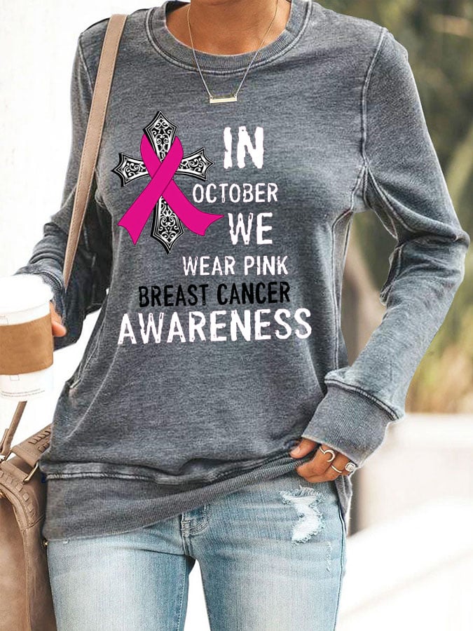 Women's In October We Wear Pink Breast Cancer Awareness Print Casual Crew Neck Sweatshirt