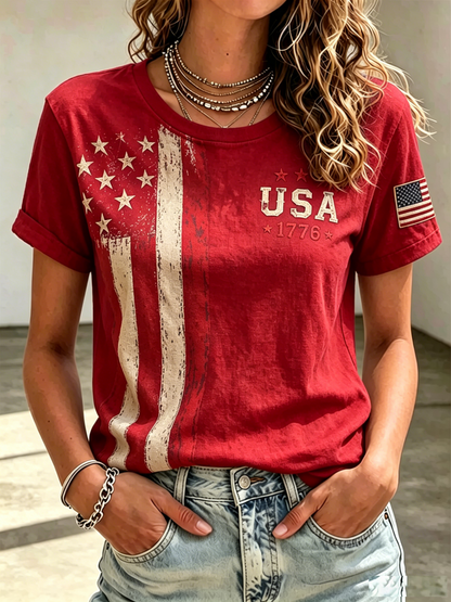Ladies' Casual American 250Th Anniversary Commemorative Round Neck Short Sleeved T-Shirt